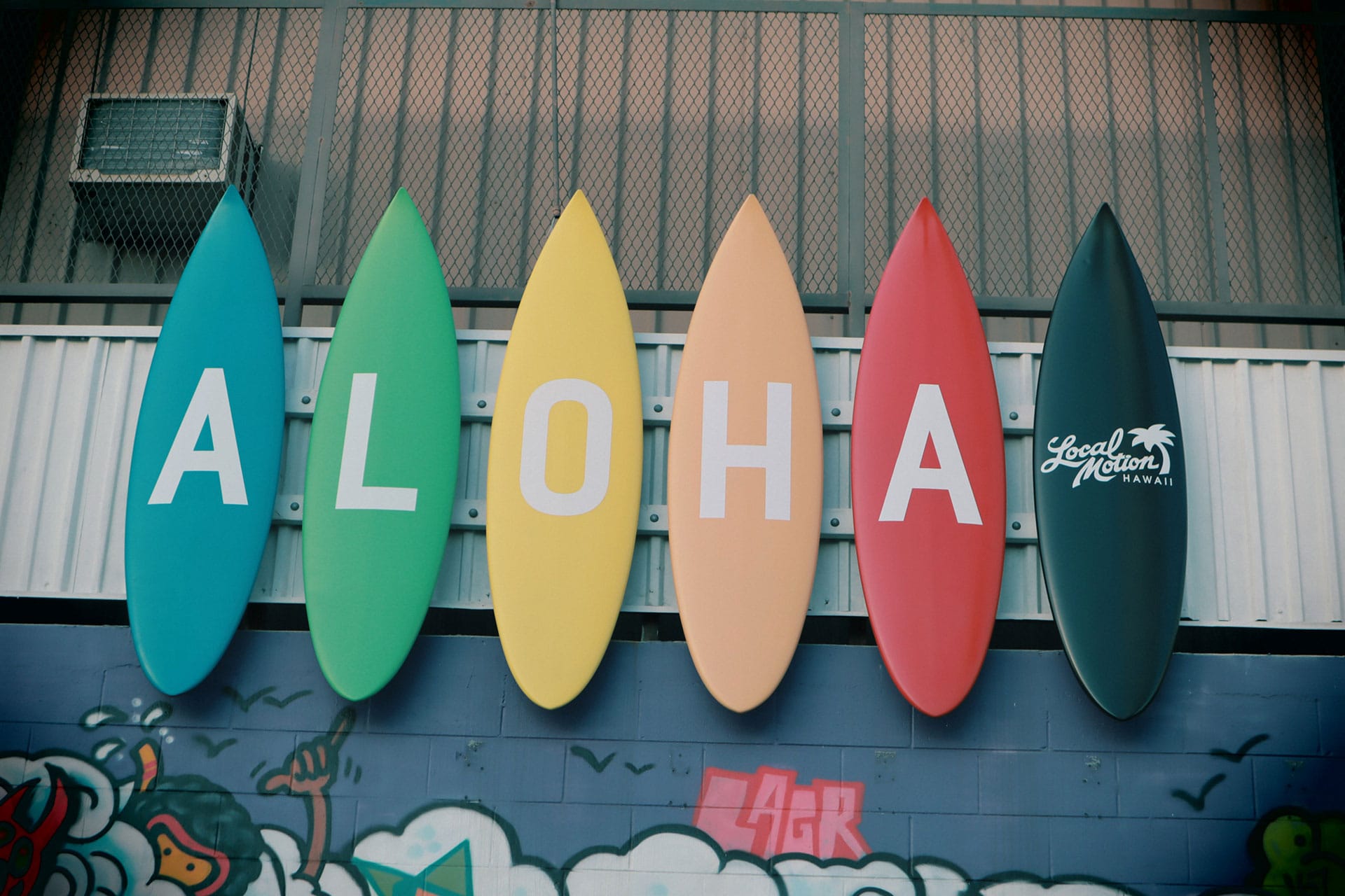 Colorful aloha surfboard sign