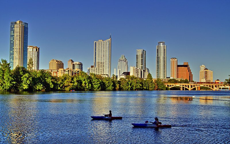 Beautiful Austin skyline reflection on Lady Bird Lake